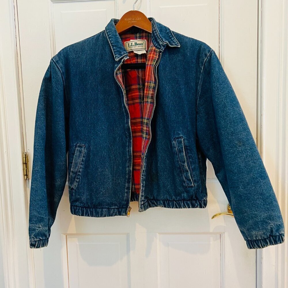 LL BEAN Insulated Flannel Lined Barn Chore Denim Harrington Jacket Coat VTG 80s - Picture 3 of 16
